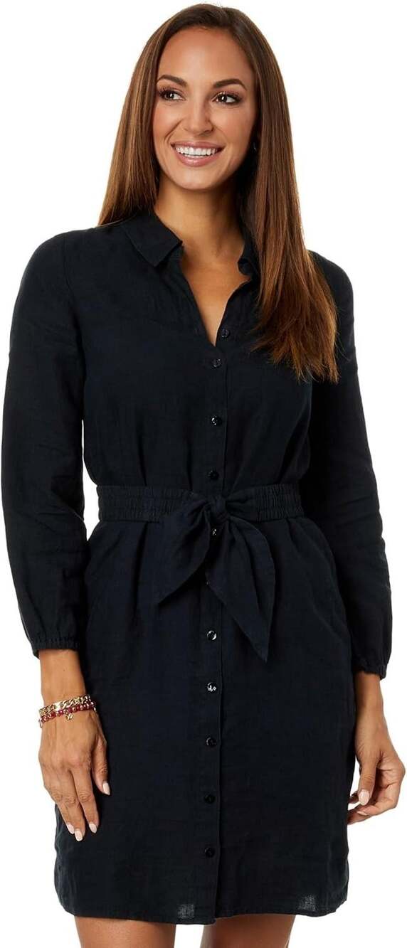 Lilly Pulitzer Lagoon Linen Black Belted Shirt Dress 100% Linen Size 2 NWT $218